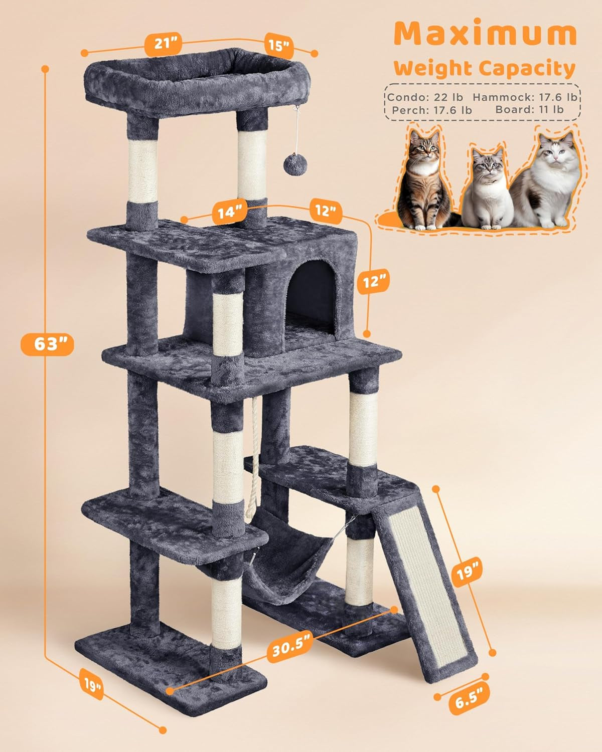 Yaheetech Cat Tree Cat Tower, 63 Inches Multi-Level Cat Tree for Indoor Cats, Tall Cat Tree with Sisal-Covered Scratching Posts & Condo, Cat Furniture Activity Center for Cats Kitten